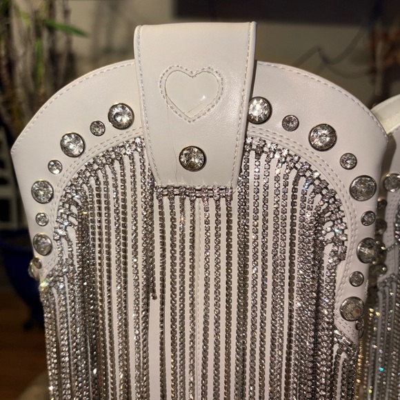 Dolls Kill White and Silver Fringe Heeled Boots - Picture 2 of 3